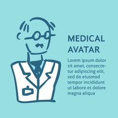 A vector doodle medical avatar of a doctor or a nurse. A square template for a flyer, poster design