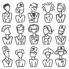 A set of vector doodle medical avatar team: therapist, doctor, surgeon, nurse for a hospital