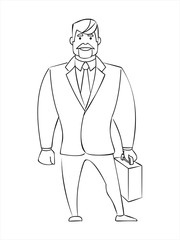 Outline Businessman in a suit with a briefcase. Character design.