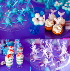Sea and summer time theme for party or birthday. Collage of five pictures of sweets, cupcakes, pop cakes