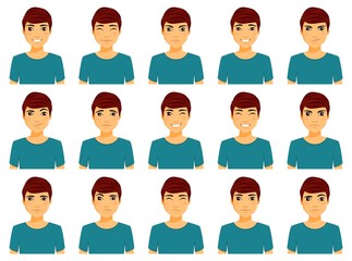 A large set of emotions. Portraits of a young man. Angry, happy, confused, wink, sad. Flat style on white background. Cartoon.