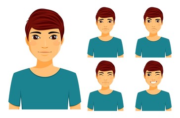 Set of emotions. A young man shows different emotions. Wink, confused, smiling, happy. Flat style on white background. Cartoon.