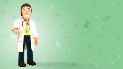 Cartoon doctor wearing a stethoscope giving a pill on a green background with falling pills and tablets 3d rendering