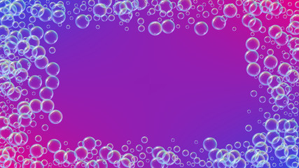 Bathtub foam. Detergent soap bubble and suds for bath. Shampoo. Minimal fizz and splash. Realistic water frame and border. 3d vector illustration poster. Purple colorful liquid bathtub foam.