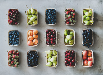 Summer fruit, berry assortment. Flat-lay of fresh strawberries, cherries, grape, blueberries,...
