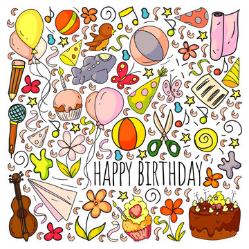 Vector set of cute creative illustration templates with birthday theme design. Hand Drawn for holiday, party invitations.