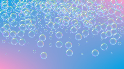 Soap cleaning foam background. Shampoo bubbles and suds. 3d vector illustration invite. Bright spray and splash. Realistic water frame and border. Purple colorful liquid soap cleaning.