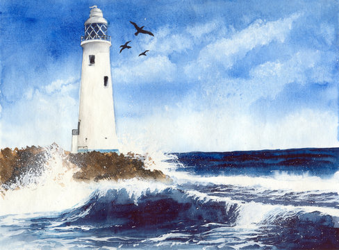 Watercolor picture of a beautiful lighthouse on the rocky island with seagulls and blue waves