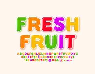 Vector trendy logo Fresh Fruit with colorful Alphabet. Bright modern Font. Set of Letters, Numbers and Symbols