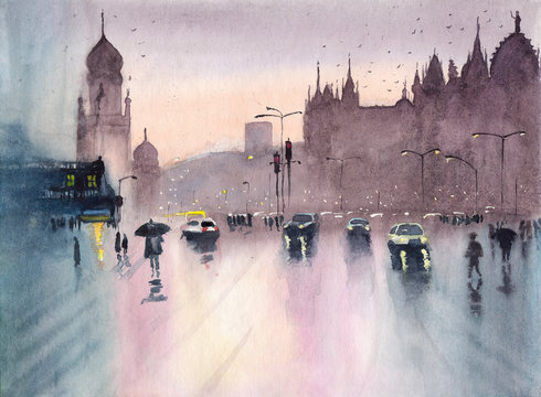 Watercolor Picture Of Rainy Cityscape Of Mumbai With Cars And Pedestrians