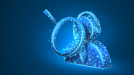 Magnifying glass. Support manager. Consultation analytics, business solution, problem-solution analysis concept. Abstract, digital, wireframe, low poly mesh, Raster blue neon 3d illustration. Line dot