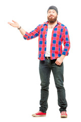 Full length of bearded young man in casual wear holding copy space
