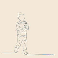 vector, isolated, sketch of a child with lines, on a beige background, a boy is standing