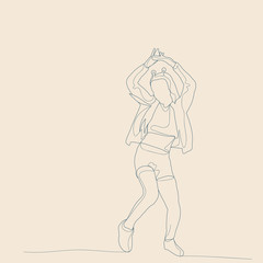 vector, isolated, sketch of a child with lines, on a beige background, a girl is dancing