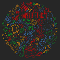 Vector set of cute creative illustration templates with birthday theme design. Hand Drawn for holiday, party invitations. Drawing with colored chalk on a blackboard.