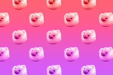 Purple glamour rubber duck with red lips pattern. Vaporwave style holographic effect