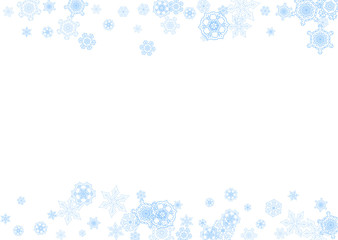 Winter frame with blue snowflakes for Christmas and New Year celebration. Horizontal winter frame on white background for banners, gift coupons, vouchers, ads, party events. Falling frosty snow.