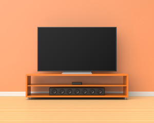 3d rendered widescreen television on a orange stand with a sound bar below it in a room with orange walls and a wooden floor.