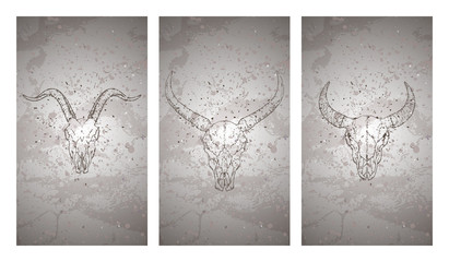 Vector set of three illustrations with hand drawn skulls wild buffalo, bull and goat on grunge texture background. Vintage sketch in dark color.