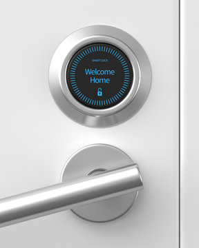 3d rendered unlocked smart lock on a white front door.