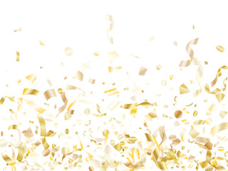 Holiday realistic gold confetti flying on black background.