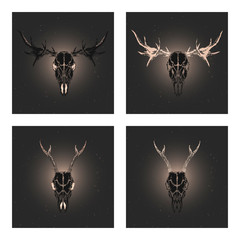 Vector set of four illustrations with hand drawn black silhouettes skulls roe deer and moose with gold elements on dark background.