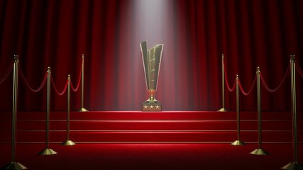 Golden movie award standing in a spotlight on the red carpet stairs. 4KHD