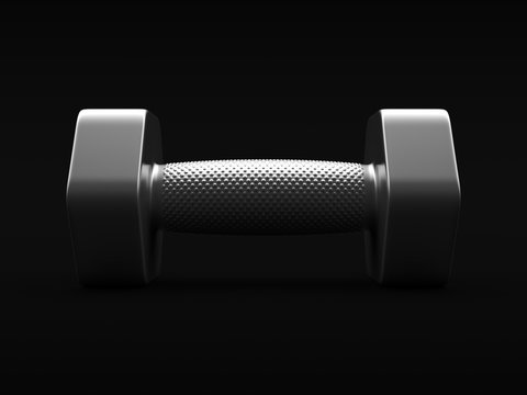 3d rendered front view of a 4kg chrome hand weight dramatically lit from above on a black background.
