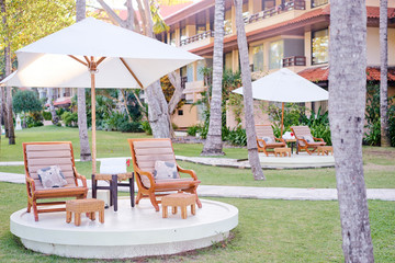 Spa loungers at the tropical hotel garden
