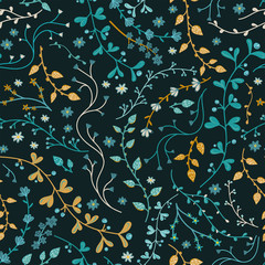 Cute hand drawn floral seamless pattern, fun sketch branches and flowers background - great for seasonal summer or fall fashion prints, backdrops, wallpapers, wrapping paper, decoration, textiles