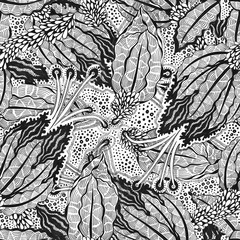 Seamless floral pattern vintage flowers art black and white graphic raster pattern. Fineliner pen on paper illustration