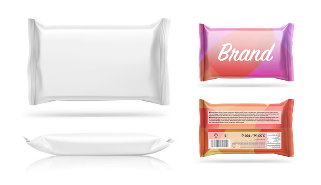 Realistic flow pack mockup. Front and side view. Vector illustration. Easy to use for presentation your product, idea, design. EPS10.	