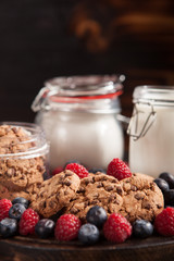 Close up of tasty oatmeal biscuits with chocolate over a rustic table
