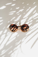 Modern women's sunglasses on white table with palm leaves shadow. Modern minimal fashion blog hero...