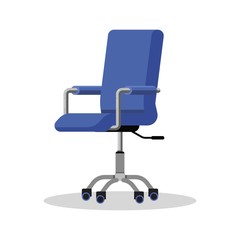 Office bright blue chair with casters. Modern desk height adjustable armchair. Side view. Furniture item for workplace at company or at home. Vector flat icon isolated on white background.