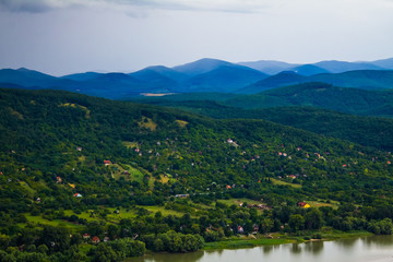 The mountain range of Hungary in combination with the river and the city