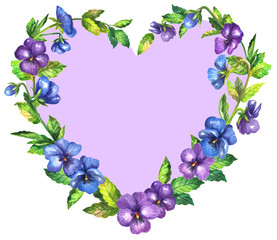 Heart frame of lilac pansies flowers