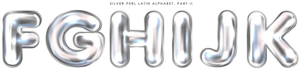 Silver perl foil inflated alphabet symbols, isolated letters F-G-H-I-J-K