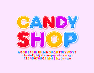 Vector colorful logo Candy Shop with glossy Alphabet Letters, Numbers and Symbols. Bright modern Font