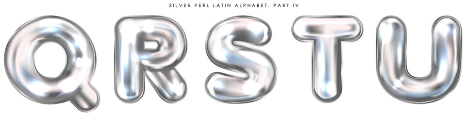 Silver perl foil inflated alphabet symbols, isolated letters Q-R-S-T-U