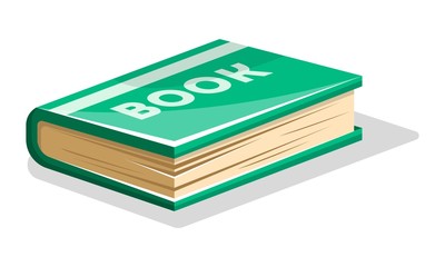 Closed thick green book with lettering Book on hard cover. Vector cartoon icon for writing competitions, library, publishing houses, bookshops, reading clubs isolated on white background.