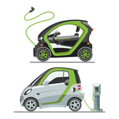 Naklejka premium Electric car with solar panels eco transport illustration automobile socket electrical car battery charger.