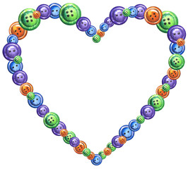 Watercolor heart frame of colorful multicolor sewing buttons