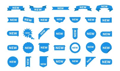New sticker set labels isolated on white. Blue flat sticker icon with text. Vector product stickers with offer.