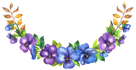 Watercolor pansies flowers wreath