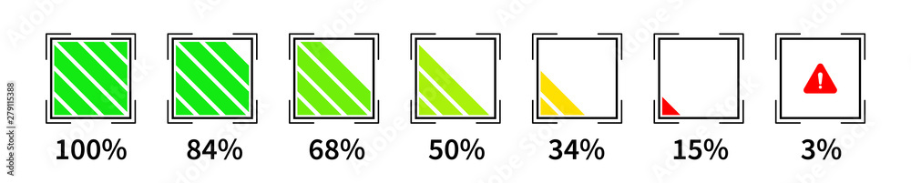 Poster Modern battery indicator for various types of smart devices. Vector square battery charge indicator design. Element for interface design.