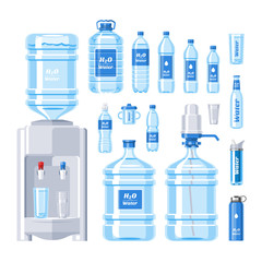 Water bottle water drink liquid aqua bottled in plastic container illustration set of bottling water cooler isolated on white background