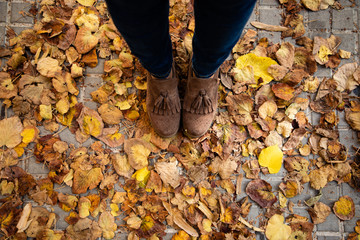 Girl feet with autumn leaves in the ground