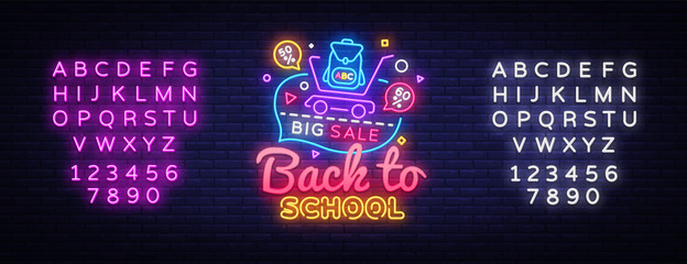Back to School concept banner in fashionable neon style, luminous signboard, nightly advertising of sales rebates of School. Vector illustration for your projects. Editing text neon sign