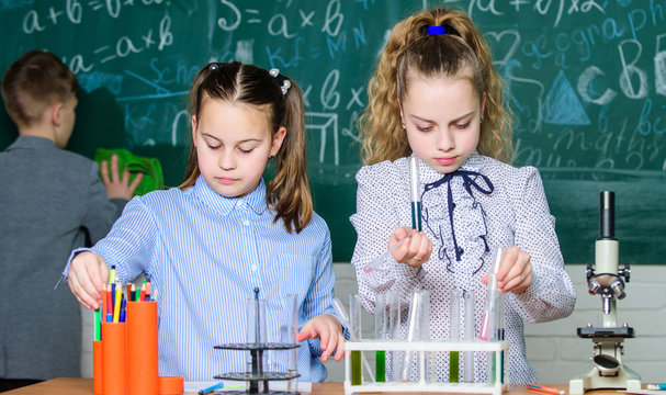 Little children. Science. Little kids scientist earning chemistry in school lab. biology experiments with microscope. Chemistry science. Lab microscope and testing tubes. School curriculum